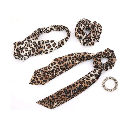 Leopard Print Scarf Hair Scrunchie Ladies Twisted Headband Animal Headwrap Knot Cheetah Turban Bow Elastic Spiral Hair Ties for Women Girls Gift Set Ponytail Holder Hair Accessories