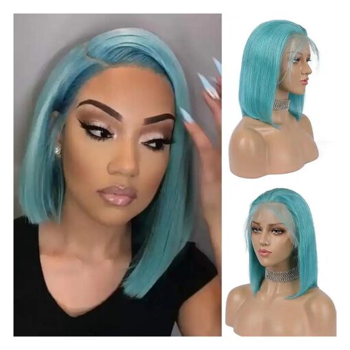 Guanyuhair Pre-plucked Short Bob Human Hair Lace Front Wigs Glueless Silky Straight 150 % Full Density # Light Blue Free Part Bob Wigs For Black Women ( 12inch, Light Blue )