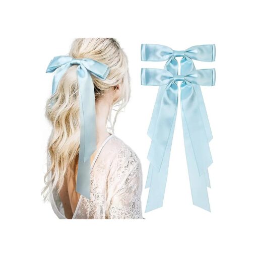 Large Satin Hair Bows Hair Ribbons for Women CEELGON 2PCS Big Long Light Blue Ballet Style Hair Bows French Barrette Vintage Accessories for Girls-Light Blue