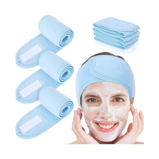 Whaline Spa Facial Headband Head Wrap Terry Cloth Headband 4 Counts Stretch Towel for Bath, Makeup and Sport ( Light Blue )