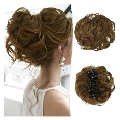 RUWISS Claw Clip Messy Bun Hair Piece Real Human Hair Buns Curly Chignon Hair Bun Extensions Wavy Tousled Updo Hair Buns Claw Clip Ponytail Hairpieces Hair Scrunchie with Clip for Women ( Light Brown )