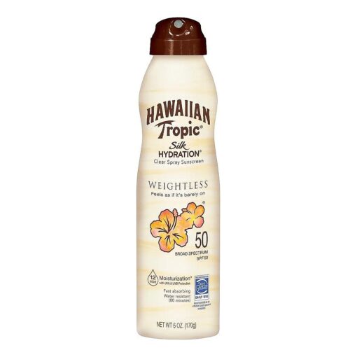 Weightless Hydration Clear Spray Sunscreen SPF 50, 6oz | Hawaiian Tropic Sunscreen SPF 50, Sunblock, Oxybenzone Free Sunscreen, Spray On Sunscreen, Body Sunscreen Spray, 6oz