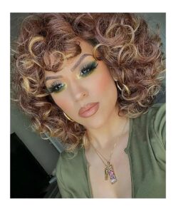 ELIM Curly Wigs for Black Women Short Kinky Curly Mixed Brown Wigs for Women Big Curly Afro Soft Wig with Bangs Heat Resistant Natural Cute Synthetic Wig for Daily Z306MD