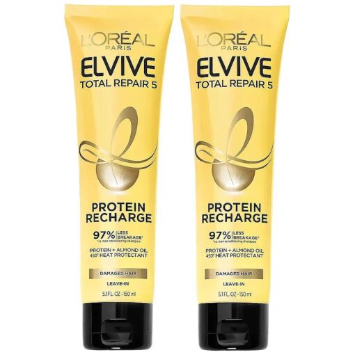 L'Oreal Paris Elvive Total Repair 5 Protein Recharge Leave In Conditioner Treatment, and Heat Protectant, 2 pack, ( 5.1 Ounce each ) ( Packaging May Vary )