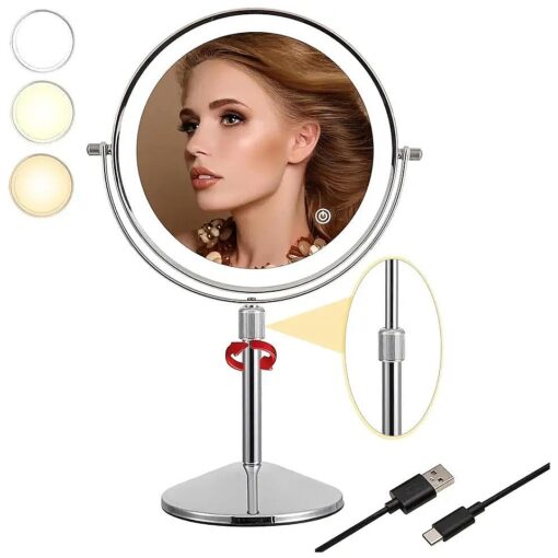 Makeup Vanity Mirror 8" with Lights, 10X/ 1X Magnifying with Lights LED Rechargeable, Lighted Makeup Mirror with Magnification, 360deg Rotating Height Adjustable Makeup Mirror, 3 Colors with Double Sided