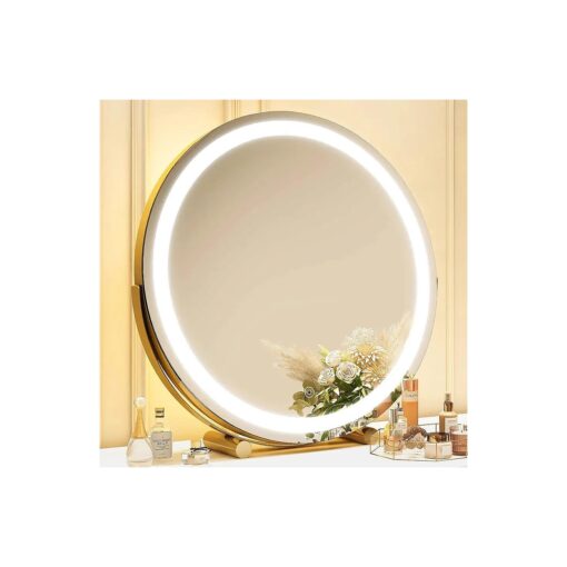 Gold Vanity Mirror, 18 Inch Makeup Mirror with Lights, Large Lighted Vanity Mirror, Light Up Mirror with Smart Touch 3 Colors Dimmable, Tabletop Mirror, 360deg Rotation