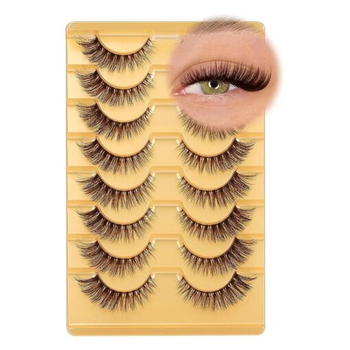 Mavphnee Brown Eyelashes Natural Look Dark Brown Lashes Cat Eye Lashes Clear Band Lash Wispy Eyelashes C Curl Eye Lash Pack 8 Pairs