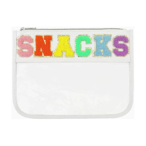 Chenille Letter Bag Clear Flat Pouch, Multi-purpose PVC & Nylon Clear Cosmetic Bags, Travel Makeup Bag With Zipper For Women, Clear Pouches for Travel, Gym, Beach ( White-Snacks )