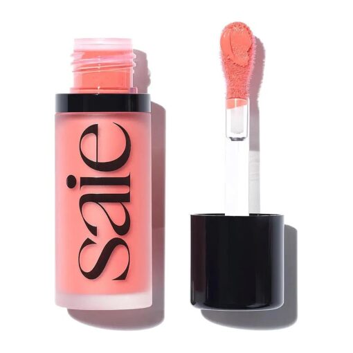 Saie Dew Blush - Lightweight Liquid Blush with a Blendable + Buildable Cream Finish - Dewy Cheek Tint with Doe Foot Wand Makeup Applicator - Bright Coral Blush - Poppy ( .40 oz )