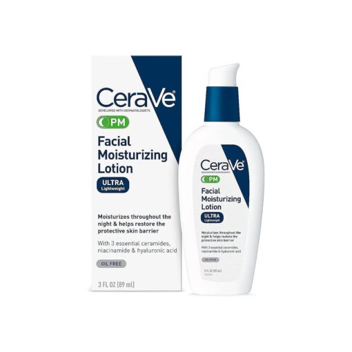 CeraVe PM Facial Moisturizing Lotion | Night Cream with Hyaluronic Acid and Niacinamide | Ultra-Lightweight, Oil-Free Moisturizer for Face | 3 Ounce