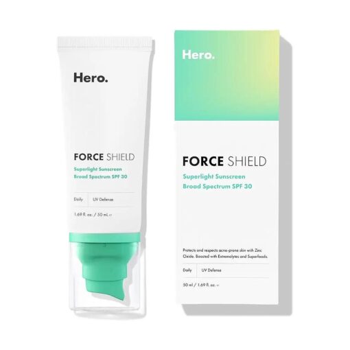 Force Shield Superlight Sunscreen SPF 30 from Hero Cosmetics - Everyday SPF 30 for Acne-Prone Skin with Zinc Oxide, Green Surge, and Extremolytes, Fragrance Free and Reef Safe ( 50 ml )