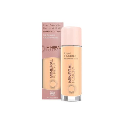 Mineral Fusion Full Coverage Foundation, Liquid Foundation - Neutral 1- Fair Complexion w/Neutral Undertones, Lightweight Matte Finish, Up to 12 Hr Hydration, Hypoallergenic & Vegan, 1 fl, oz