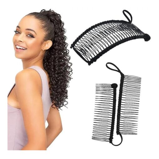 Stretchy Banana Hair Clip Vintage Clincher Comb Tool for Thick Thin Curly Hair Stretch & Adjust - Decorative Sturdy & Lightweight - No Pressure or Headaches-Cord w/Bar Closur ( Medium Black 30-Teeth )