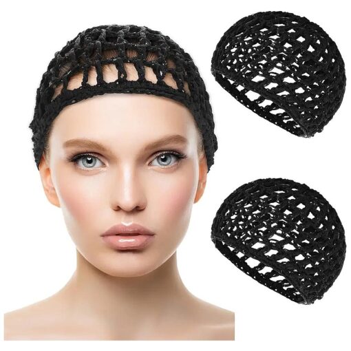 2 PCS Hair Nets Cap Sleeping Hairnet Snoods Wrap Bonnets Long Straight Curl Wig Head Protector Black Mesh Wrapping Crochet Wave Cook Hats Bun Lift Strap Weaving Sew For Women Ballet