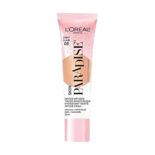 L'Oreal Paris Skin Paradise Water-infused Tinted Moisturizer with Broad Spectrum SPF 19 sunscreen lightweight, natural coverage up to 24h hydration for a fresh, glowing complexion, Light 03, 1 fl oz