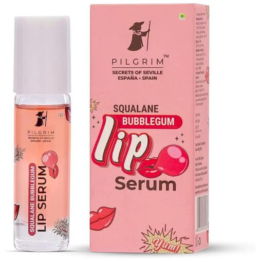 Pilgrim Spanish Squalane Lip Serum ( Bubblegum ) with roll-on for Visibly Plump Lips | Hydrating Lip serum | Lip serum with Shea Butter & Pomegranate for plump & soft lips | Men & Women | 6 ml