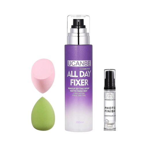 UCANBE Makeup Setting Spray + Face Primer + Make Up Sponge, Gel-Based Hydrating Primer, Lightweight, Long Lasting Matte Finishing Spray, Beauty Blender Set