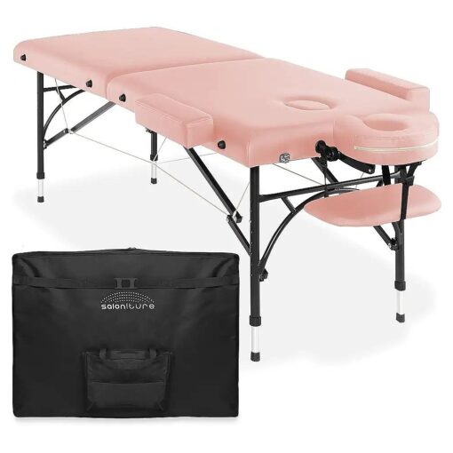 Saloniture Professional Portable Lightweight Bi-Fold Massage Table with Aluminum Legs - Includes Headrest, Face Cradle, Armrests and Carrying Case - Pink