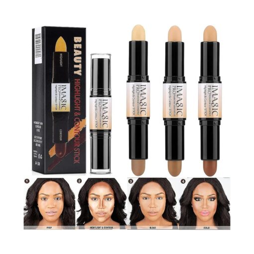 3Pcs Dual-Ended Contour Stick, 6 Colors Contour and Highlighters Stick Brightening Concealer Contouring Pen Kit for Light Dark Skin Face Makeup Cosmetic Foundation Creamy Set for Women Girls