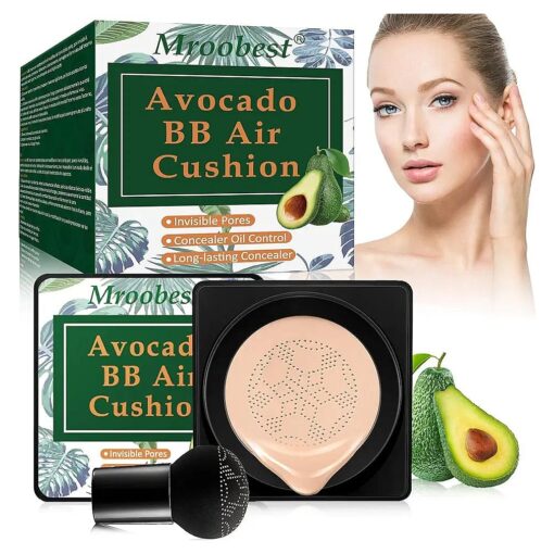 BB Mushroom Air Cushion, Avocado BB/CC Cream, All-Day Lasting Nude Foundation, Even Skin Tone Makeup Base, Easy to Apply, Thin, Moist