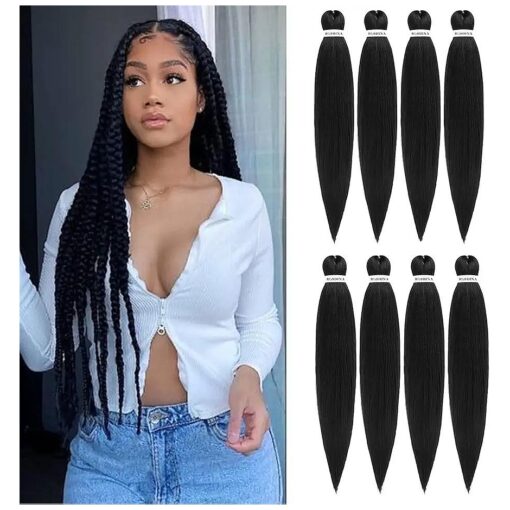 Pre-stretched Braiding Hair - 30 Inch 8 Packs Natural Black Super Long Braiding Hair For Twist or Box Braids, Yaki Texture Hot Water Setting Synthetic Braiding Hair Extensions ( 30 Inch, 1B-8P )