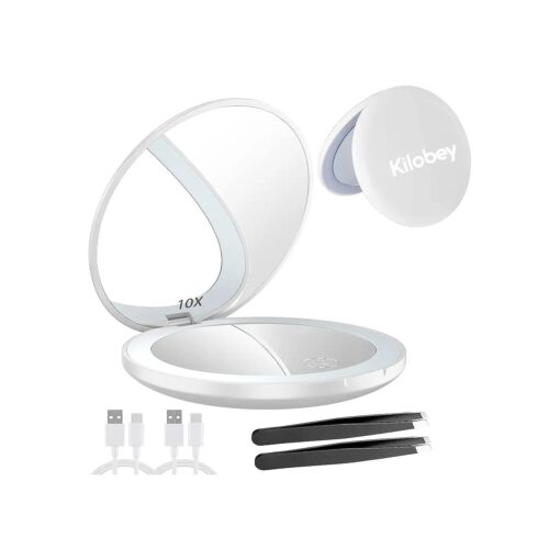 led Compact Mirror, 1x/10x Magnification Rechargeable Pocket Mirror with Light, 2-Sided Folding Round Travel Mirror, 3.5in Small Makeup Mirror, Portable for Purses, Handheld ( White 2Pack )