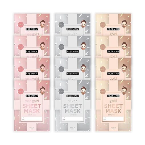 Freeman Limited Edition Christmas Metallic Sheet Masks, Variety 12 Pack, Brightening Gold, Purifying Silver, Soothing Rose Gold, Perfect for Wife, Spouse, Girlfriend, or Daughter