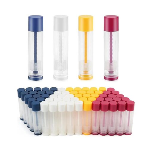 LotFancy Lip Balm Tubes, 60 Empty, 5.5ml, Clear Plastic Containers with 4 Color Caps, BPA Free, Leak Free, Refillable ( Yellow White Blue Red )