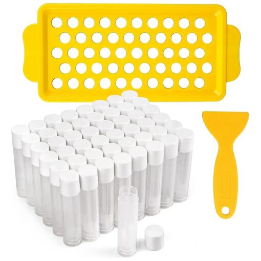 LotFancy Lip Balm Tubes with Filling Tray and Spatula, 50Pcs 5.5ml ( 3/16 Oz ) Clear Lip Balm Containers with White Caps, BPA Free & Leak Free Lip Balm Making Kit