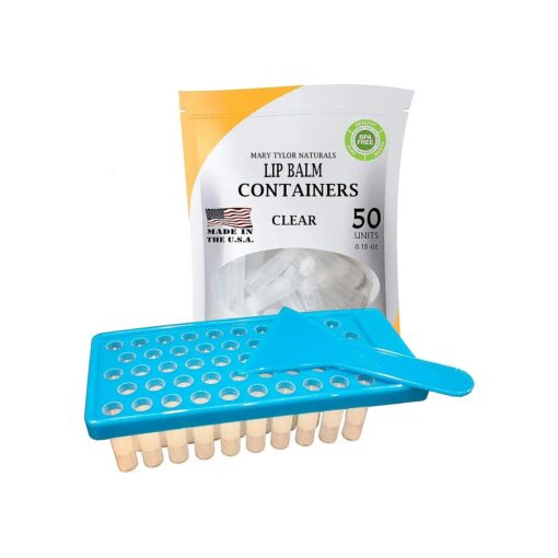 Lip Balm Container Tray Kit with Fill Tray and Spatula, BPA Free, Made in the USA, Includes 50 Clear Containers with Caps ( 0.15 oz each ) by Mary Tylor Naturals