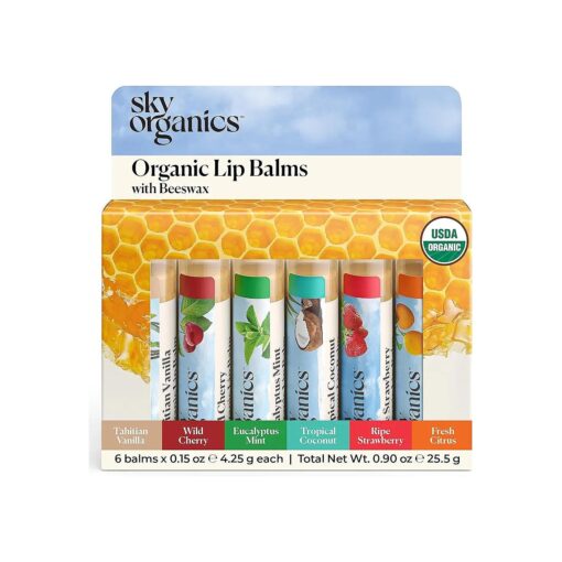 Sky Organics Organic Lip Balm with Beeswax and a Rich Nourishing Blend of Plant Oils, Moisturizing Lips Balms to Lock In Moisture and Keep Lips Feeling Soft and Smooth, Six Assorted Flavors, 6pk .