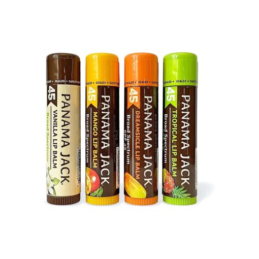 Panama Jack Sunscreen Lip Balm - SPF 45, Flavor Pack, Broad Spectrum UVA-UVB Sunscreen Protection, Prevents & Soothes Dry, Chapped Lips ( Dreamsicle/Vanilla/Tropical/Mango )