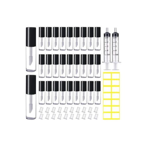 AMORIX 50PCS Mini Lip Gloss Tubes with Wand 1.2ml Empty Containers Clear Refillable Travel Lip Balm Bottles for Samples with 5ml Syringes DIY Lip Gloss Base + Tag Labels Stickers ( Black )