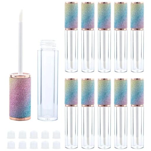 AJLTPA 10 Pack Sparkles Rainbow Lip Gloss Wand Tubes, 5ml Empty Lip Gloss Containers, Lipgloss Lip Balm Bottles with Rubber Stoppers for Lip Gloss Balm Cosmetic Business ( Sparkles Rainbow )