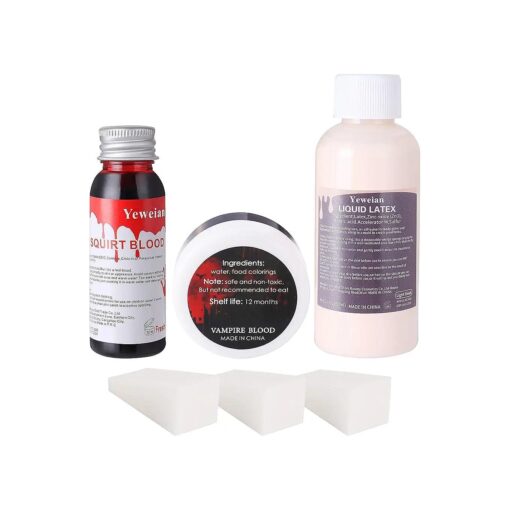 Liquid Latex SFX Makeup Kit, 2.1Oz Latex Liquid with Coagulated Fake Blood Gel, Squirt Blood and Stipple Sponge, Halloween Monster Zombie Clown Makeup for Scald Burn Scar Wound, Cut, Skin Decay, Prosthetics, Old Age Wrinkle ( Light Flesh )