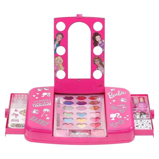 Townley Girl Barbie Beauty Vanity Set with Light-Up Mirror | Includes Lip Gloss, Eye Shadow, Brushes, Nail Polish, Accessories, and More ! |Ages 3+ | Perfect for Parties, Sleepovers, and Makeovers