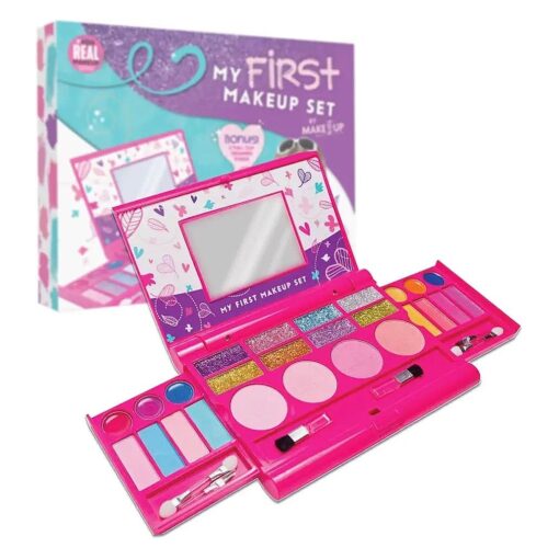 My First Makeup Set for Young Girls I Kids Makeup Kit for Little Girls I Foldable Makeup Palette with Makeup Mirror I Pink Set Makeup for Kids Vanity I Original Design Washable Toddler Makeup Kit Gift