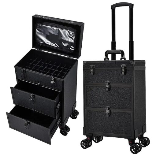 Professional 3 in 1 Rolling Makeup Case Cosmetology Case on Wheels 2 Large Drawer Nail Case Trolley Traveling Cosmetic Train Case with Makeup Pouch for Artists Nail Technician Salon Cart Trunk Black