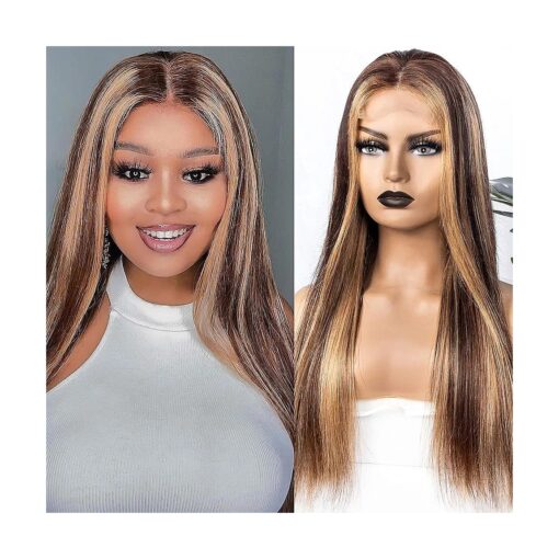 Highlight Lace Front Wig Human Hair Pre Plucked Straight Skunk Stripe Ombre Brown Blonde T4/27 Mixed Color Glueless 180 % Density Long 12A Brazilian Virgin Hair 4X4 Lace Closure Wigs For Women 26inch