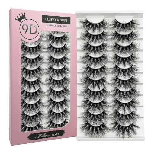 Fluffy Lashes Mikiwi Faux Mink Eyelashes, 9D Volume Fluffy Eyelashes, Faux Mink Lashes Wispy EyeLashes, Reusable Long 22mm lash Pack