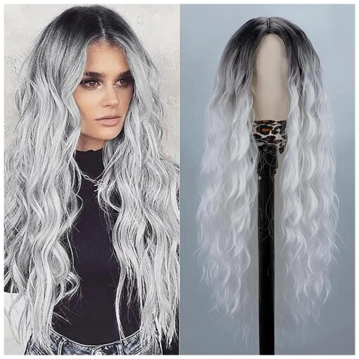 Long Wigs for Women 30 Inch Silver Curly Hair Wig Middle Part Glueless Grey Wig Body Wave Wigs Natural Heat Resistant Synthetic Wig for Christmas Gifts Daily Cosplay Party ( 30" ,1B/Grey )