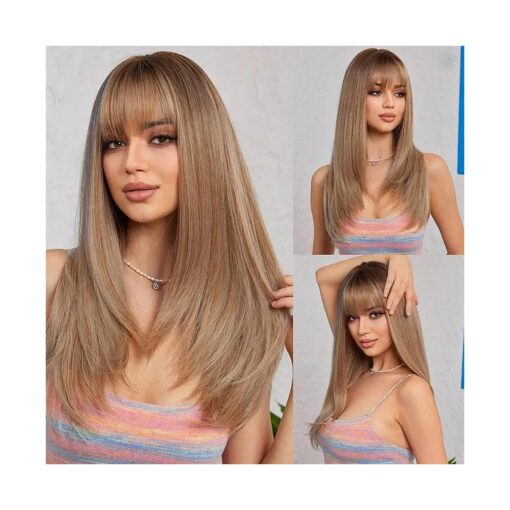 Ash Blonde Wigs for Women Layered Straight Long Wig with Bangs Natural Synthetic Hair with Dark Roots