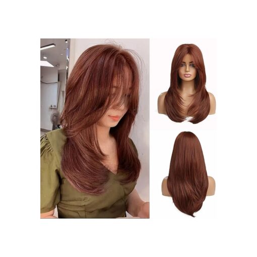 Esmee Long Auburn Women 's Wig Layered Synthetic Hair Wig with Dark Roots for Everyday Party Cosplay Shooting, Wedding, Dating, Party Auburn wig - 20"