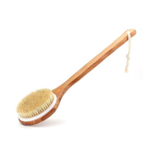 Shower Brush with Natural Bristle - Long Bamboo Handle Bath Body Brush for Wet or Dry Brushing - Improves Blood Circulation, Exfoliating Skin