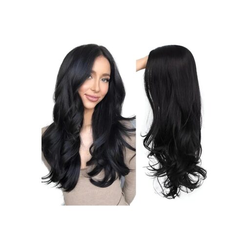 Long Black Wavy Wig for White Black Women, Synthetic No Lace Dark Ocean Beach Loose Body Wave Wig, Realistic Curly Sexy Natural Looking Hispanic Ladies Hair Wigs