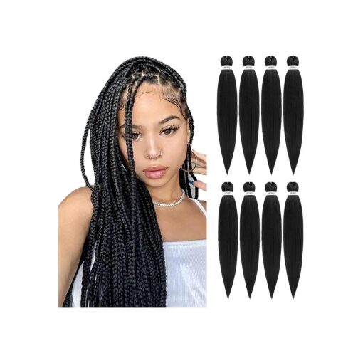 Pre-stretched Braiding Hair - 24 Inch 8 Packs Natural Black Long Braiding Hair For Twist or Box Braids, Yaki Texture Hot Water Setting Synthetic Braiding Hair Extensions ( 24 Inch, 1B-8P )