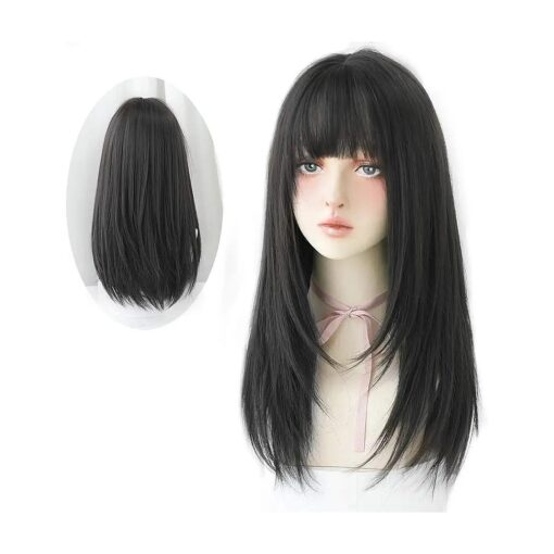 HUAISU Long Black Straight Hair Wig with Bangs Synthetic High Density Long Hair Wig for Women