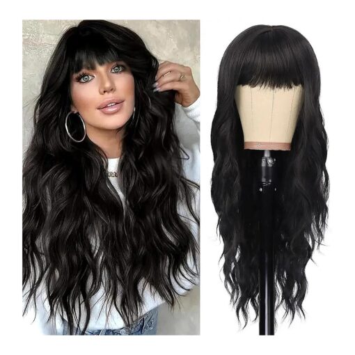 Black Wig with Bangs Long Black Wavy Wig for Women Synthetic Curly Wigs Natural Hair Replacement Wigs for Daily Party Use ( 26 Inches )