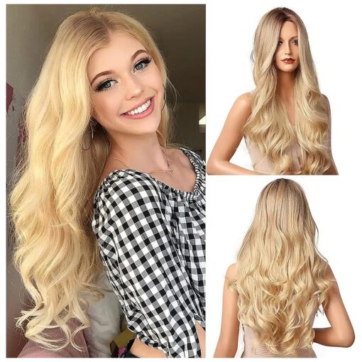 NAYOO Long Blonde Wig for Women - 26" Blonde Wavy Wig with Dark Roots, Natural Looking Blonde Synthetic Wig, Middle Part Heat Resistant Hair Replacement Wigs, Blonde Curly Wig for Daily Party Use