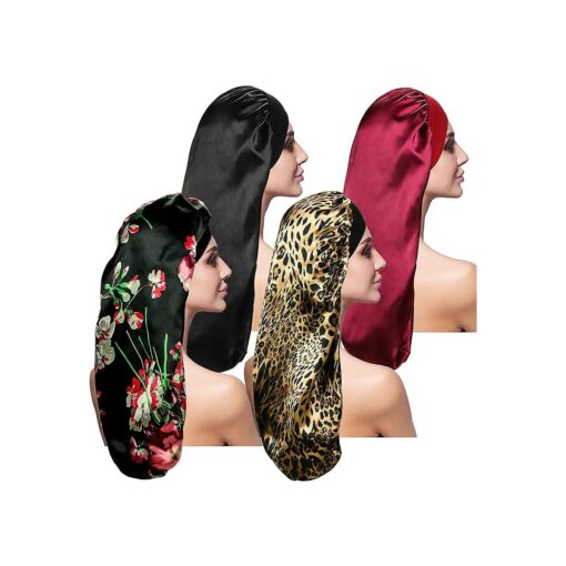 4 Pieces Satin Sleep Cap for Long Hair and Dreadlock, Extra Large 2 PCS Solid Color and 2 PCS Floral Pattern Sleeping Bonnet for Women